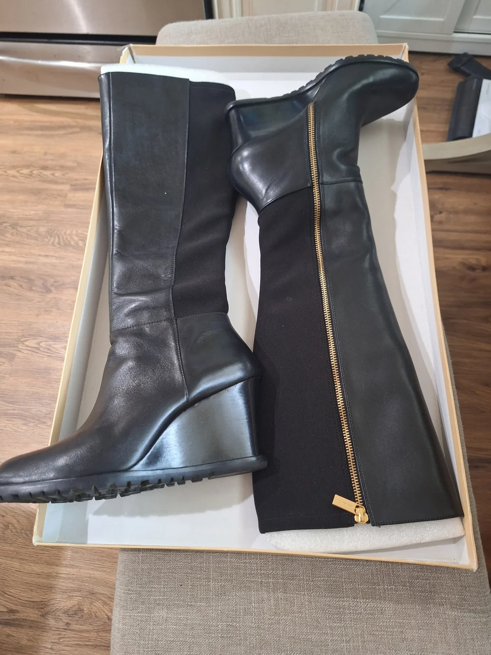 Michael Kors Black Leather Over-The-Knee Boots with Gold Zip Detail